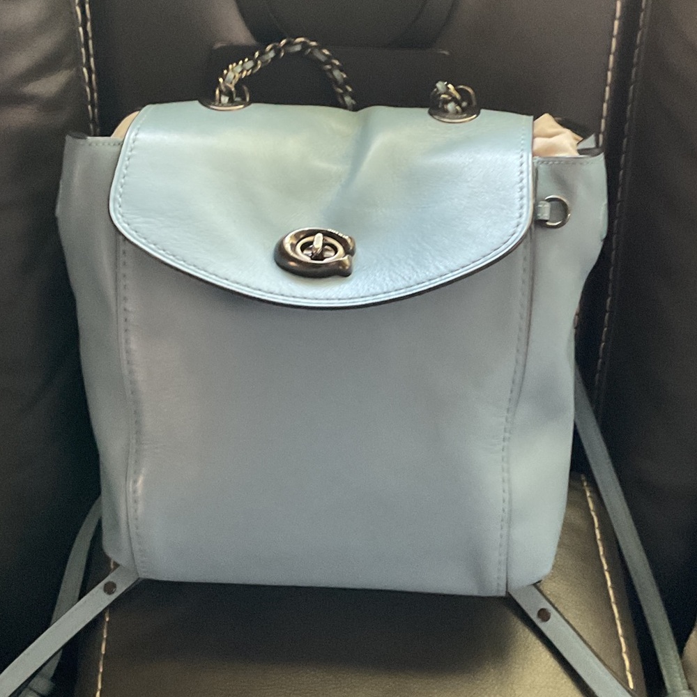Coach Pale Blue Leather Turnlock Backpack - Picture 2 of 7